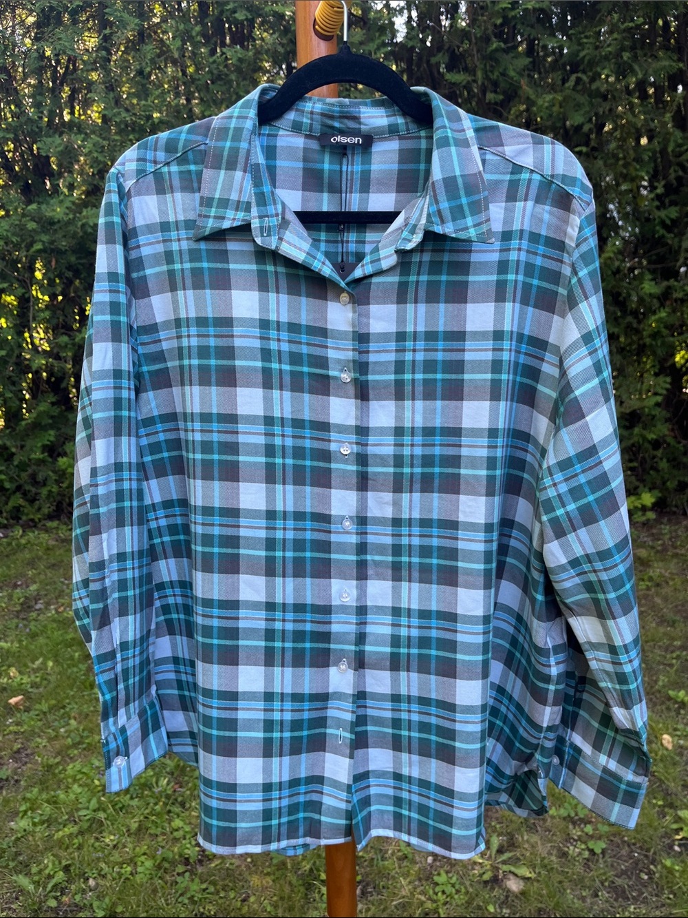 Olsen Teal & Gray Plaid Button-Up Shirt